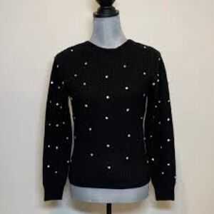Black V Neck Sweater Pearl Embellishments 100% Cashmere